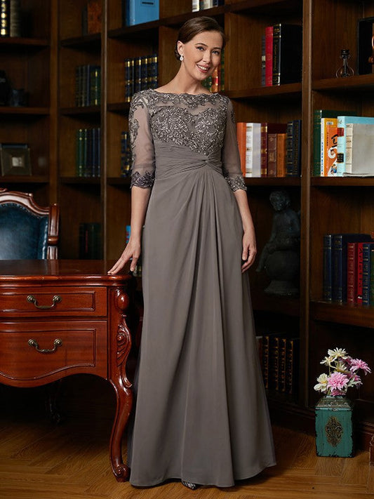 A-Line/Princess Chiffon Applique Scoop 3/4 Sleeves Floor-Length Mother of the Bride Dresses by YiHuiw