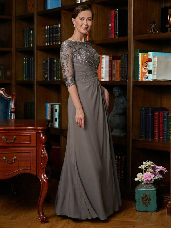 A-Line/Princess Chiffon Applique Scoop 3/4 Sleeves Floor-Length Mother of the Bride Dresses by YiHuiw