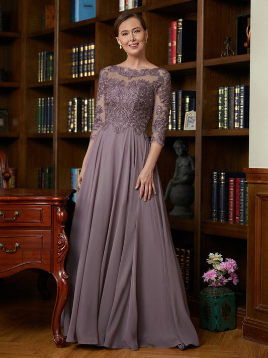 A-Line/Princess Chiffon Lace Scoop 3/4 Sleeves Floor-Length Mother of the Bride Dresses by YiHuiw