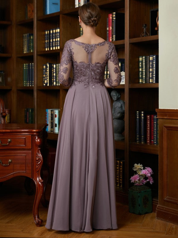 A-Line/Princess Chiffon Lace Scoop 3/4 Sleeves Floor-Length Mother of the Bride Dresses by YiHuiw