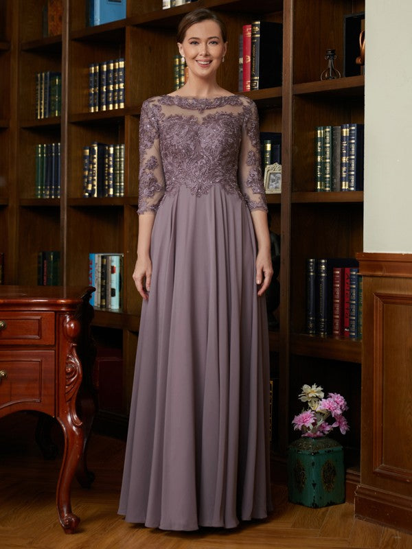 A-Line/Princess Chiffon Lace Scoop 3/4 Sleeves Floor-Length Mother of the Bride Dresses by YiHuiw