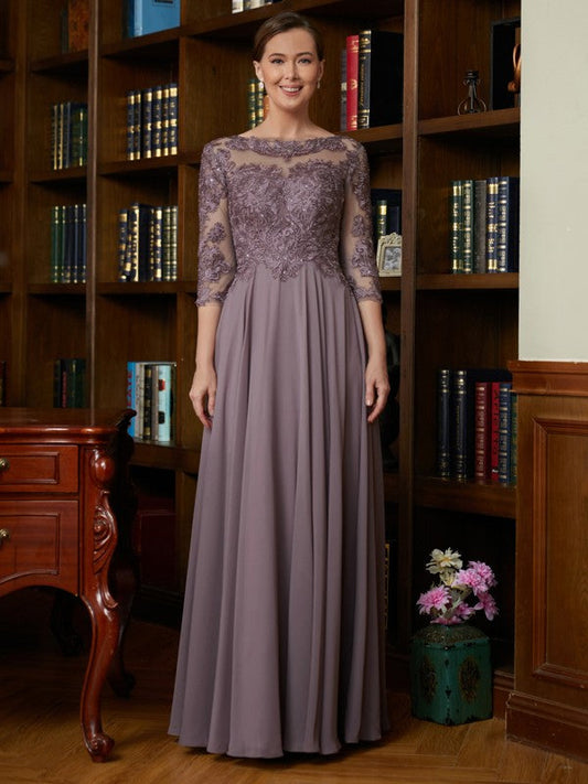 A-Line/Princess Chiffon Lace Scoop 3/4 Sleeves Floor-Length Mother of the Bride Dresses by YiHuiw