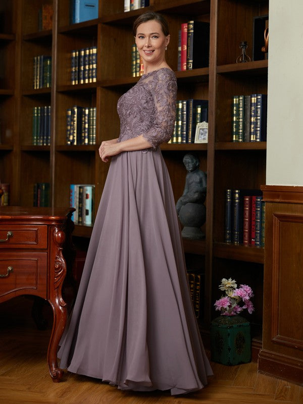 A-Line/Princess Chiffon Lace Scoop 3/4 Sleeves Floor-Length Mother of the Bride Dresses by YiHuiw