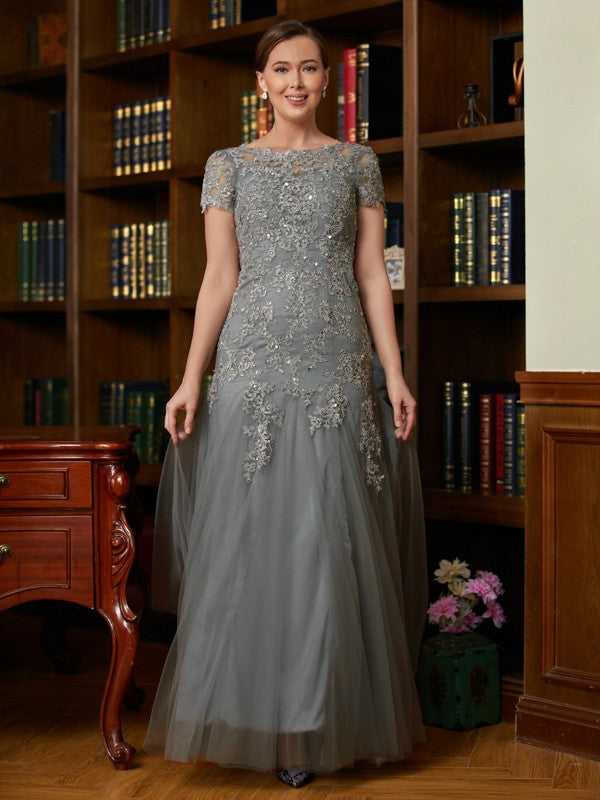 A-Line/Princess Tulle Lace Scoop Short Sleeves Floor-Length Mother of the Bride Dresses by YiHuiw