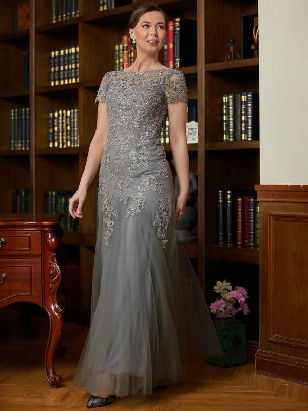 A-Line/Princess Tulle Lace Scoop Short Sleeves Floor-Length Mother of the Bride Dresses by YiHuiw