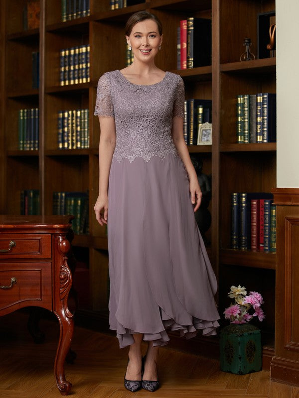 A-Line/Princess Chiffon Lace Scoop Short Sleeves Ankle-Length Mother of the Bride Dresses by YiHuiw