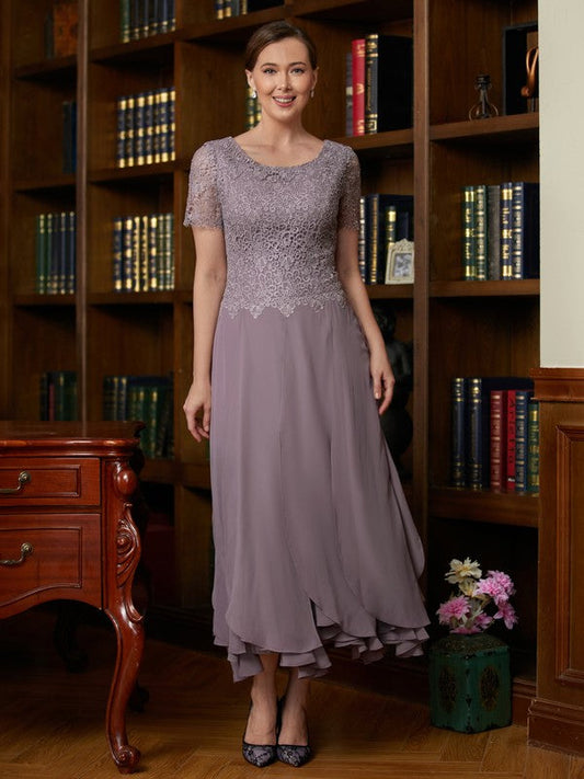 A-Line/Princess Chiffon Lace Scoop Short Sleeves Ankle-Length Mother of the Bride Dresses by YiHuiw