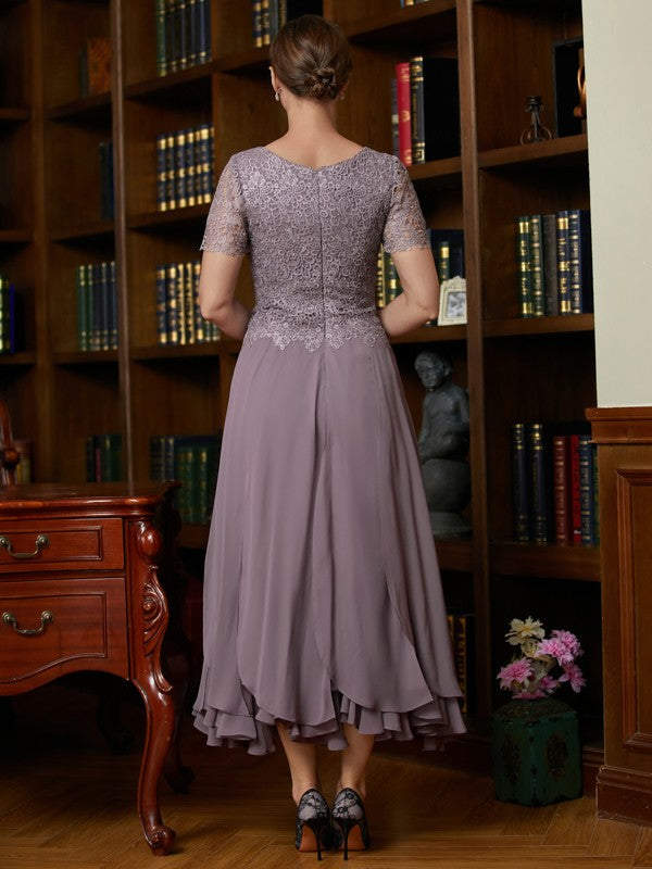 A-Line/Princess Chiffon Lace Scoop Short Sleeves Ankle-Length Mother of the Bride Dresses by YiHuiw