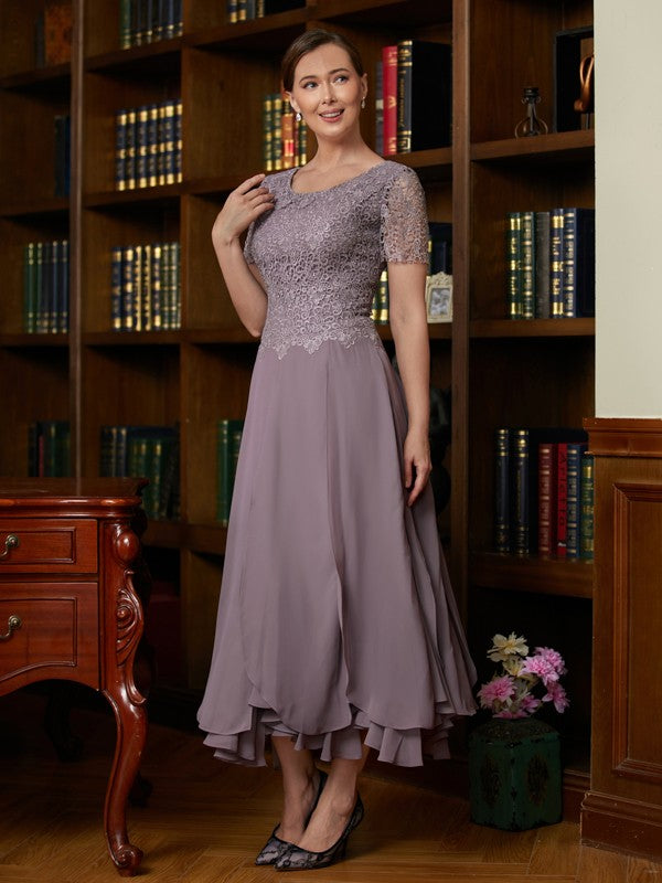 A-Line/Princess Chiffon Lace Scoop Short Sleeves Ankle-Length Mother of the Bride Dresses by YiHuiw