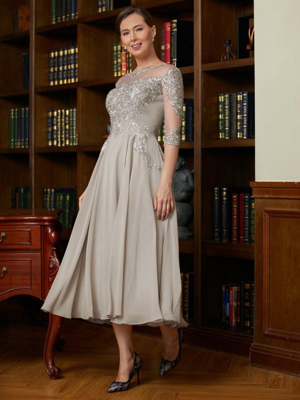 A-Line/Princess Chiffon Lace Scoop 3/4 Sleeves Tea-Length Mother of the Bride Dresses by YiHuiw