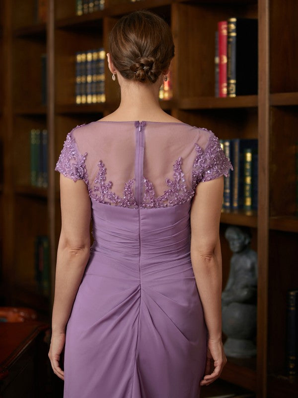 Sheath/Column Chiffon Applique Scoop Short Sleeves Tea-Length Mother of the Bride Dresses by YiHuiw