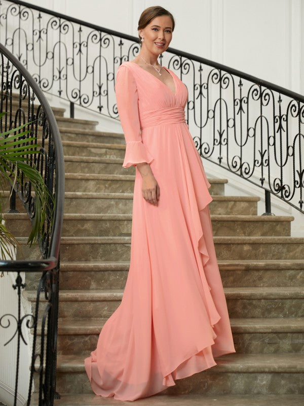A-Line/Princess Chiffon Ruched V-neck Long Sleeves Sweep/Brush Train Mother of the Bride Dresses by YiHuiw