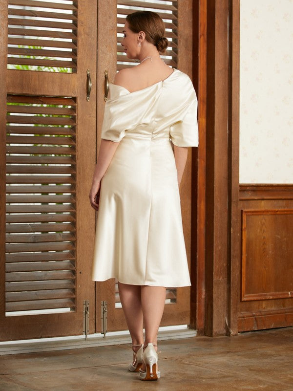 A-Line/Princess Charmeuse Ruched Off-the-Shoulder 1/2 Sleeves Tea-Length Mother of the Bride Dresses by YiHuiw