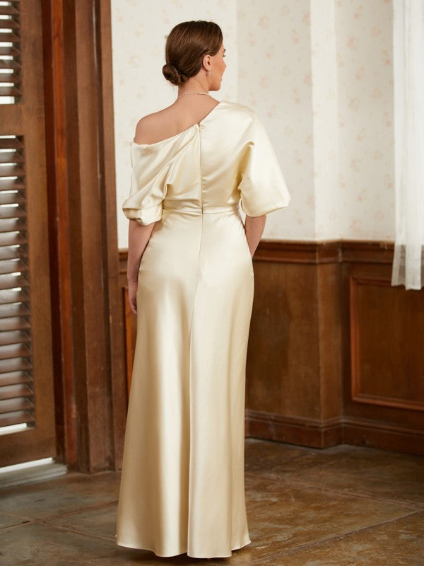 Sheath/Column Charmeuse Ruched Off-the-Shoulder Short Sleeves Floor-Length Mother of the Bride Dresses by YiHuiw