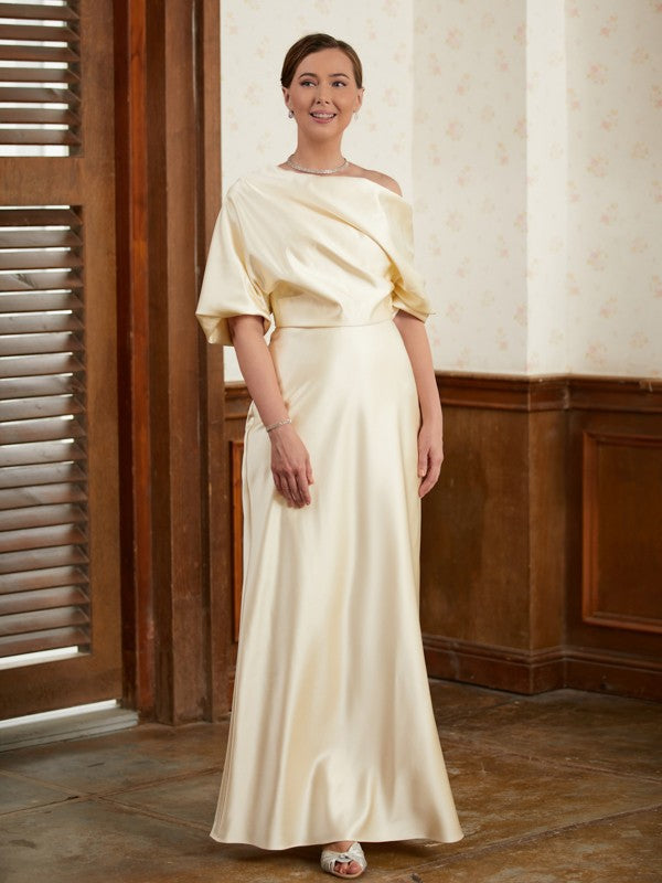 Sheath/Column Charmeuse Ruched Off-the-Shoulder Short Sleeves Floor-Length Mother of the Bride Dresses by YiHuiw