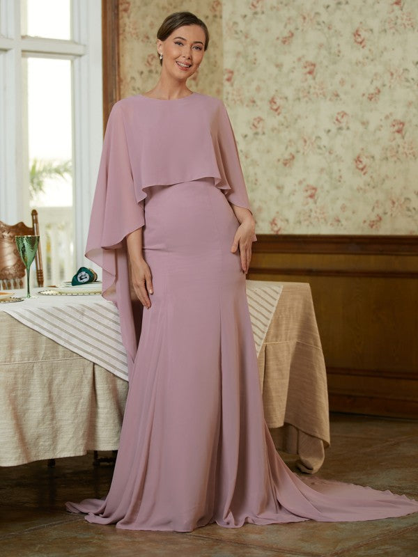 Sheath/Column Chiffon Ruffles Scoop Long Sleeves Sweep/Brush Train Mother of the Bride Dresses by YiHuiw