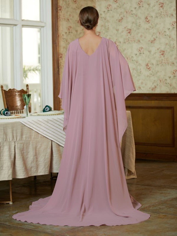 Sheath/Column Chiffon Ruffles Scoop Long Sleeves Sweep/Brush Train Mother of the Bride Dresses by YiHuiw