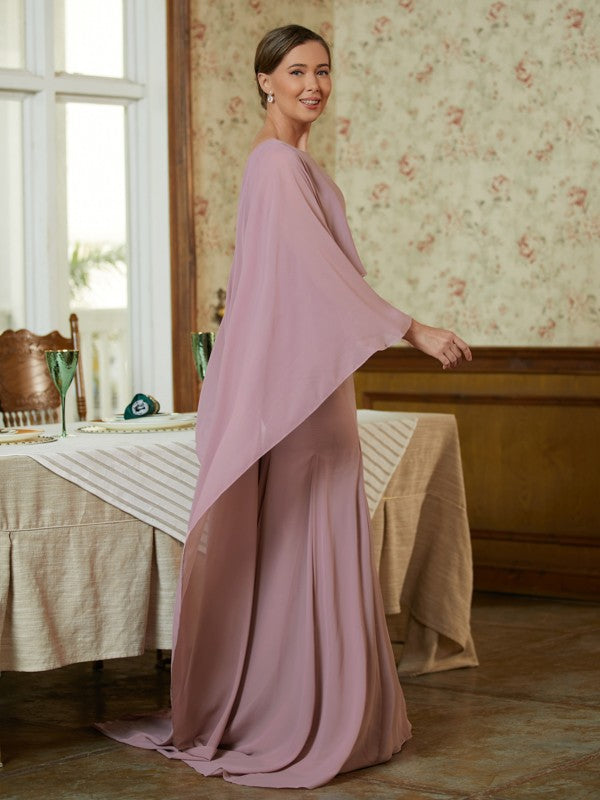 Sheath/Column Chiffon Ruffles Scoop Long Sleeves Sweep/Brush Train Mother of the Bride Dresses by YiHuiw