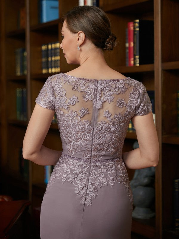 Sheath/Column Chiffon Lace Scoop Short Sleeves Knee-Length Mother of the Bride Dresses by YiHuiw