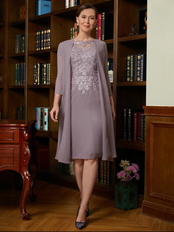 Sheath/Column Chiffon Lace Scoop Short Sleeves Knee-Length Mother of the Bride Dresses by YiHuiw