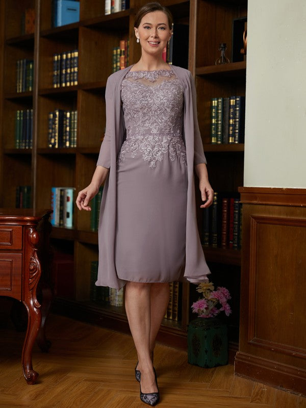 Sheath/Column Chiffon Lace Scoop Short Sleeves Knee-Length Mother of the Bride Dresses by YiHuiw