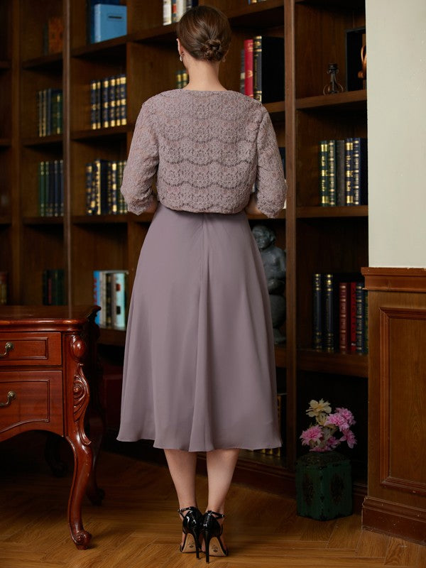 A-Line/Princess Chiffon Lace Scoop Sleeveless Tea-Length Mother of the Bride Dresses by YiHuiw