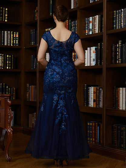 Sheath/Column Tulle Applique V-neck Short Sleeves Floor-Length Mother of the Bride Dresses by YiHuiw