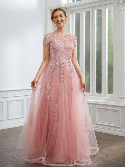 A-Line/Princess Tulle Applique Bateau Short Sleeves Floor-Length Dresses by YiHuiw