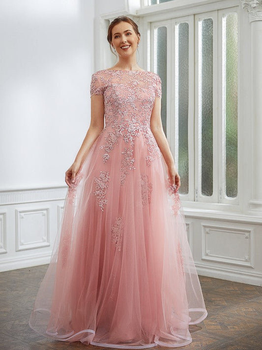 A-Line/Princess Tulle Applique Bateau Short Sleeves Floor-Length Dresses by YiHuiw