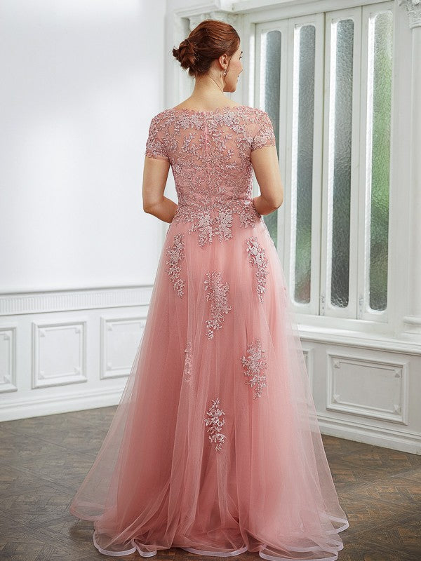 A-Line/Princess Tulle Applique Bateau Short Sleeves Floor-Length Dresses by YiHuiw