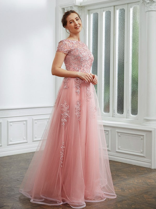 A-Line/Princess Tulle Applique Bateau Short Sleeves Floor-Length Dresses by YiHuiw