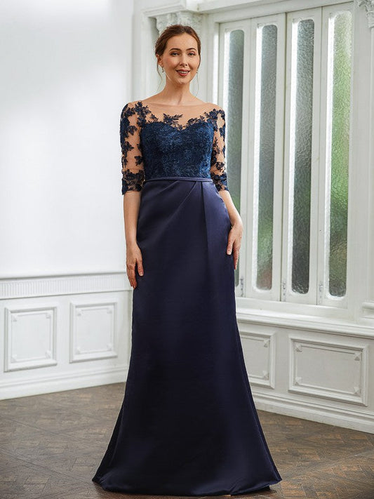 Sheath/Column Satin Applique Bateau 1/2 Sleeves Sweep/Brush Train Mother of the Bride Dresses by YiHuiw