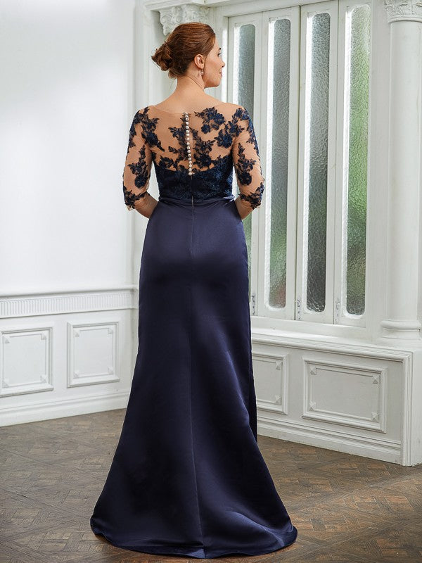Sheath/Column Satin Applique Bateau 1/2 Sleeves Sweep/Brush Train Mother of the Bride Dresses by YiHuiw