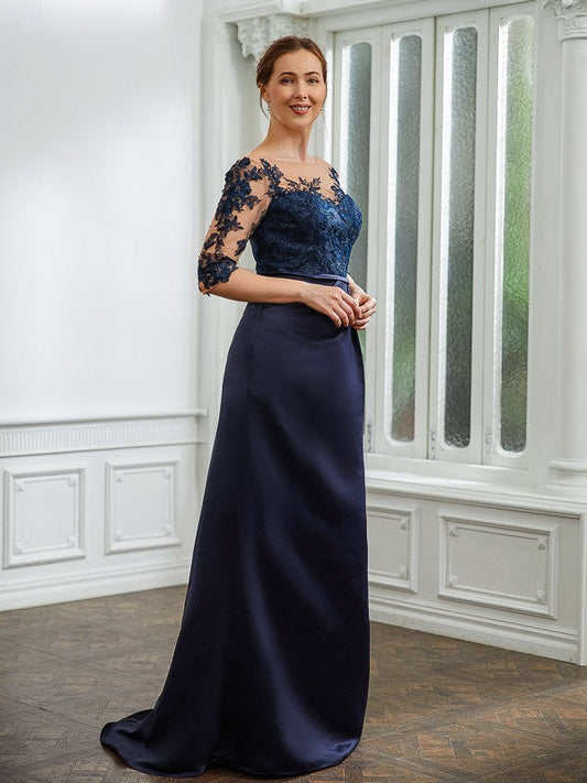 Sheath/Column Satin Applique Bateau 1/2 Sleeves Sweep/Brush Train Mother of the Bride Dresses by YiHuiw