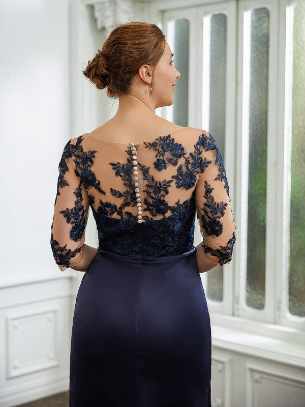 Sheath/Column Satin Applique Bateau 1/2 Sleeves Sweep/Brush Train Mother of the Bride Dresses by YiHuiw