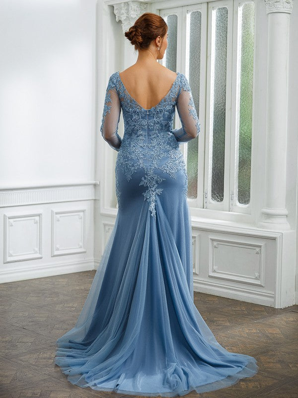 Sheath/Column Tulle Applique V-neck Long Sleeves Sweep/Brush Train Mother of the Bride Dresses by YiHuiw