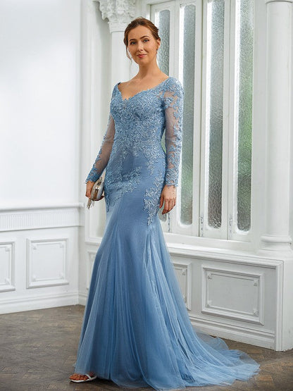 Sheath/Column Tulle Applique V-neck Long Sleeves Sweep/Brush Train Mother of the Bride Dresses by YiHuiw