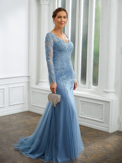 Sheath/Column Tulle Applique V-neck Long Sleeves Sweep/Brush Train Mother of the Bride Dresses by YiHuiw