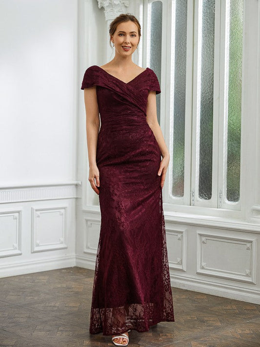 Sheath/Column Lace Ruched V-neck Short Sleeves Floor-Length Mother of the Bride Dresses by YiHuiw