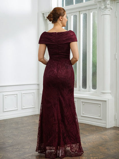 Sheath/Column Lace Ruched V-neck Short Sleeves Floor-Length Mother of the Bride Dresses by YiHuiw