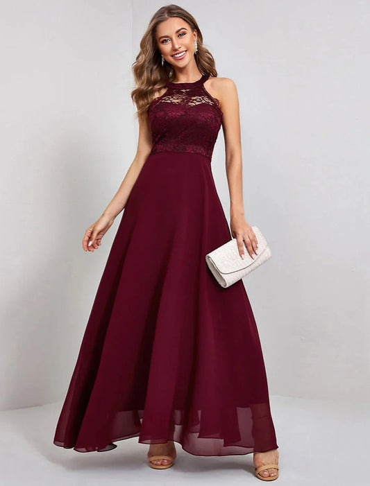 A-Line Elegant Vintage Party Wear Formal Evening Dress Jewel Neck Sleeveless Ankle Length Nylon with Lace Insert Pure Color Splicing by YiHuiw
