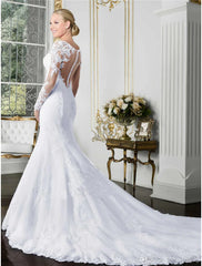 Engagement Formal Fall Wedding Dresses Mermaid / Trumpet Illusion Neck Long Sleeve Court Train Lace Bridal Gowns With  Summer Wedding Party Women‘s Clothing