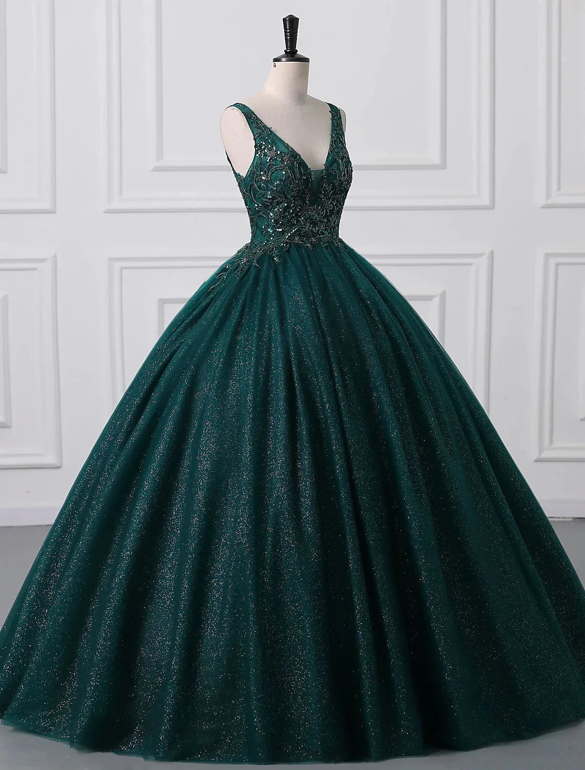Ball Gown Prom Dresses Sparkle & Shine Dress Quinceanera Floor Length Sleeveless V Neck Tulle with Sequin Appliques by YiHuiw