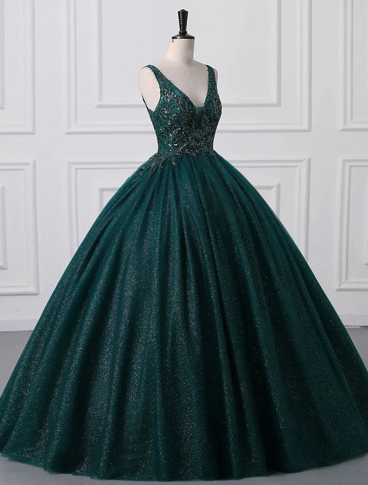 Ball Gown Prom Dresses Sparkle & Shine Dress Quinceanera Floor Length Sleeveless V Neck Tulle with Sequin Appliques by YiHuiw