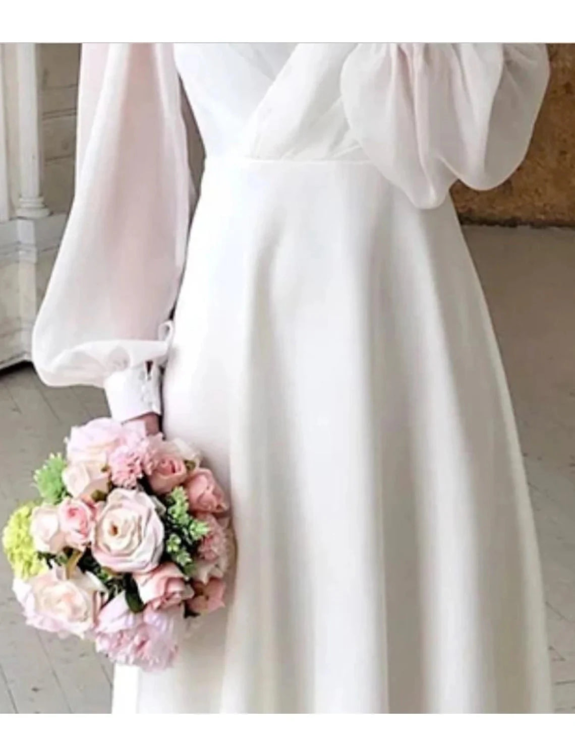 Reception Little White Dresses Wedding Dresses A-Line V Neck Long Sleeve Ankle Length Chiffon Bridal Gowns With Solid Color by YiHuiw