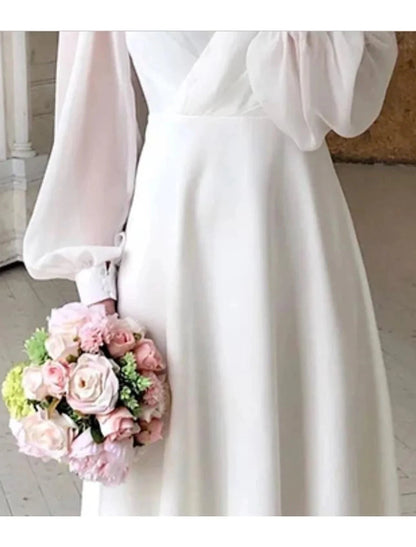 Reception Little White Dresses Wedding Dresses A-Line V Neck Long Sleeve Ankle Length Chiffon Bridal Gowns With Solid Color by YiHuiw