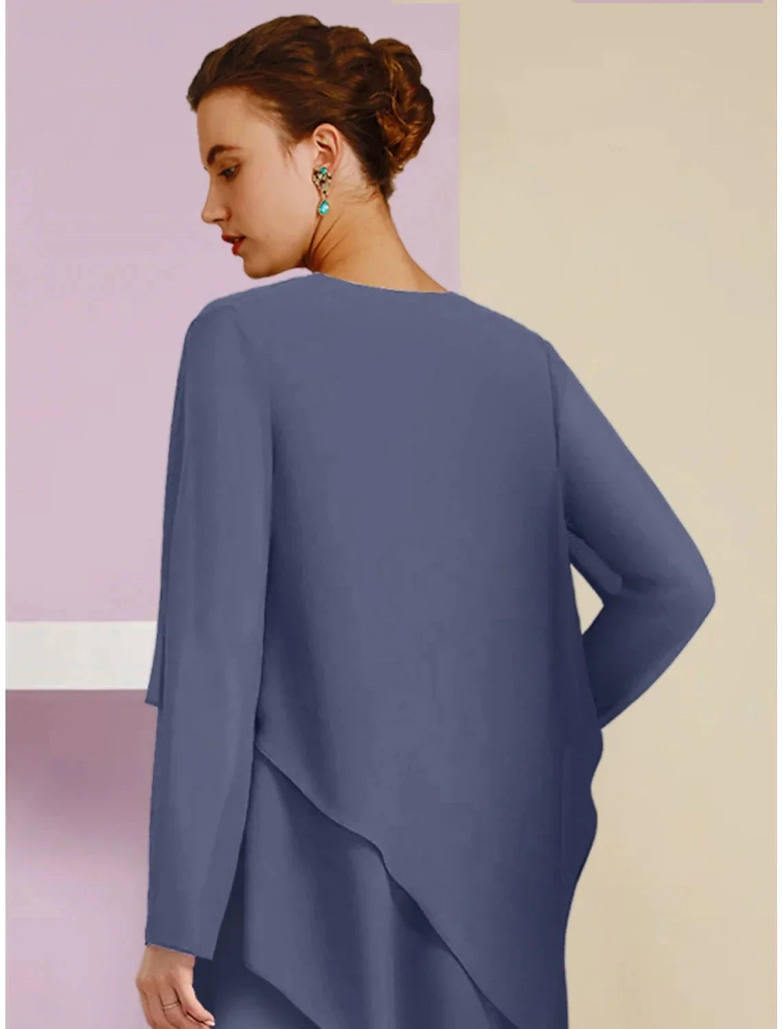 A-Line Mother of the Bride Dress Wedding Guest Elegant Square Neck Ankle Length Chiffon Long Sleeve with Crystal Brooch Ruching by YiHuiw