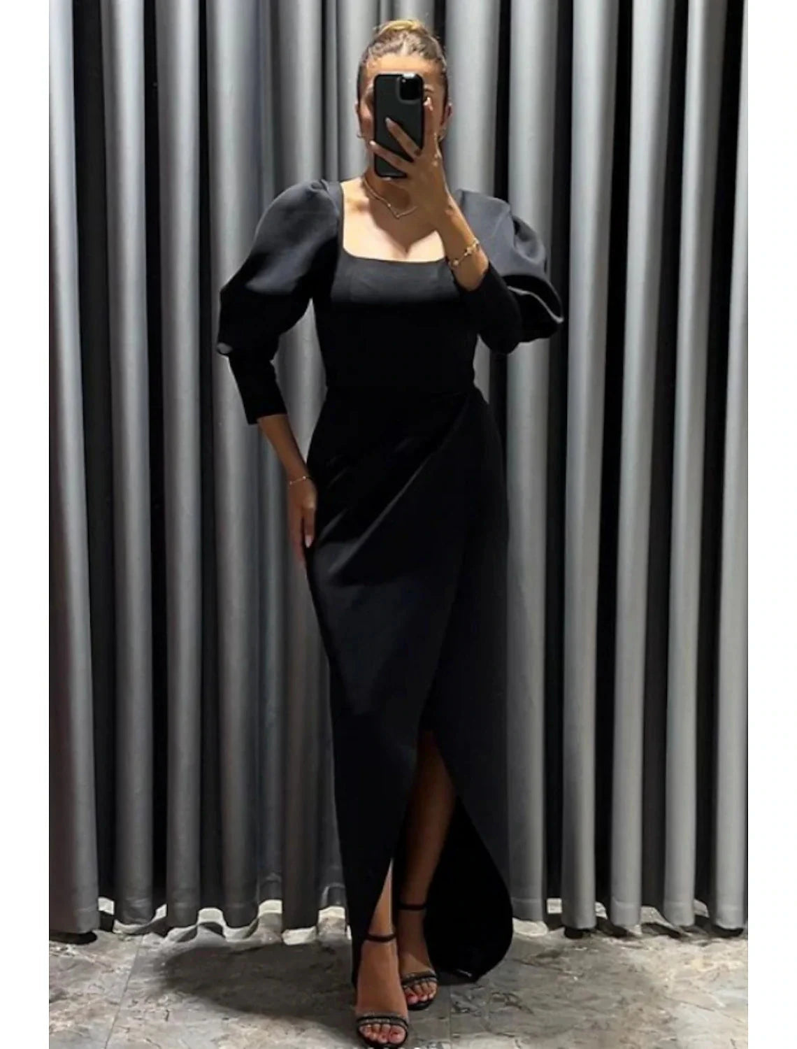 Sheath / Column Evening Gown Elegant Dress Formal Fall Asymmetrical 3/4 Length Sleeve Square Neck Fabric with Ruched Slit by YiHuiw