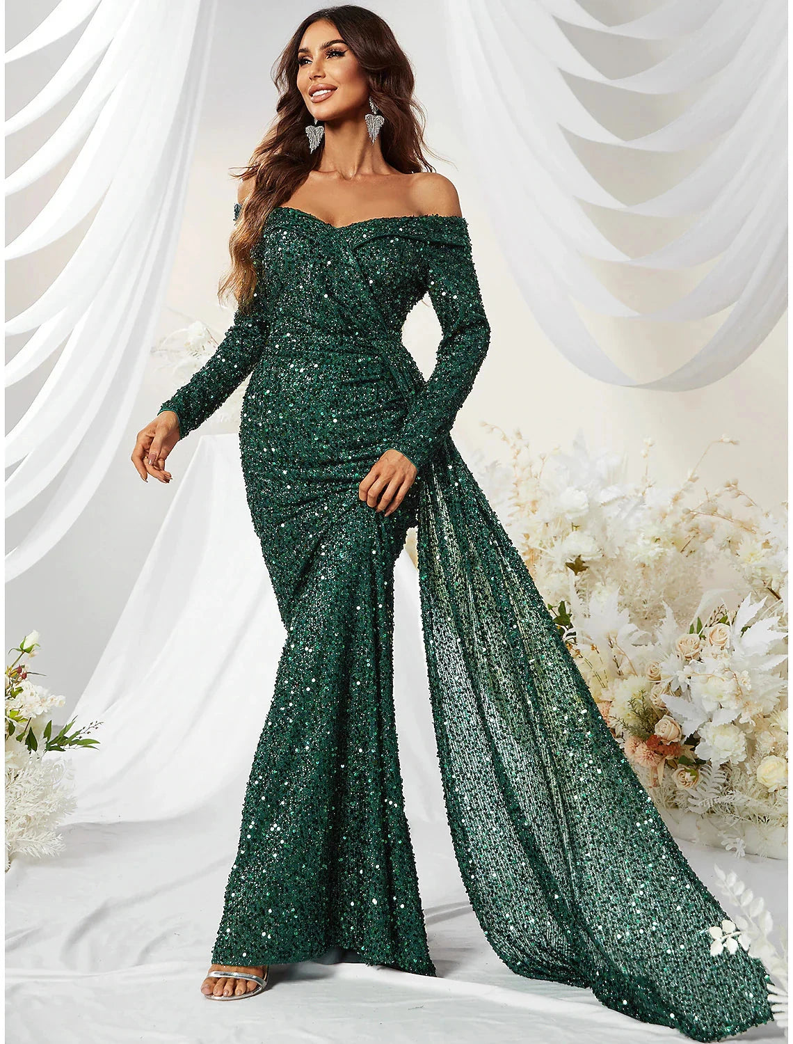 Mermaid / Trumpet Evening Gown Sparkle & Shine Dress Formal Cocktail Party Sweep / Brush Train Long Sleeve Off Shoulder Polyester with Sequin by YiHuiw