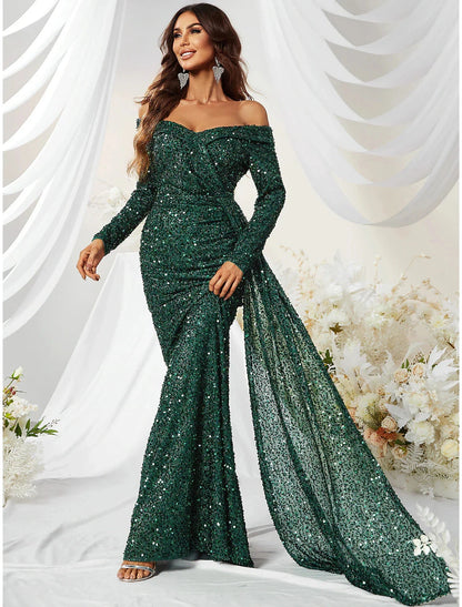 Mermaid / Trumpet Evening Gown Sparkle & Shine Dress Formal Cocktail Party Sweep / Brush Train Long Sleeve Off Shoulder Polyester with Sequin by YiHuiw